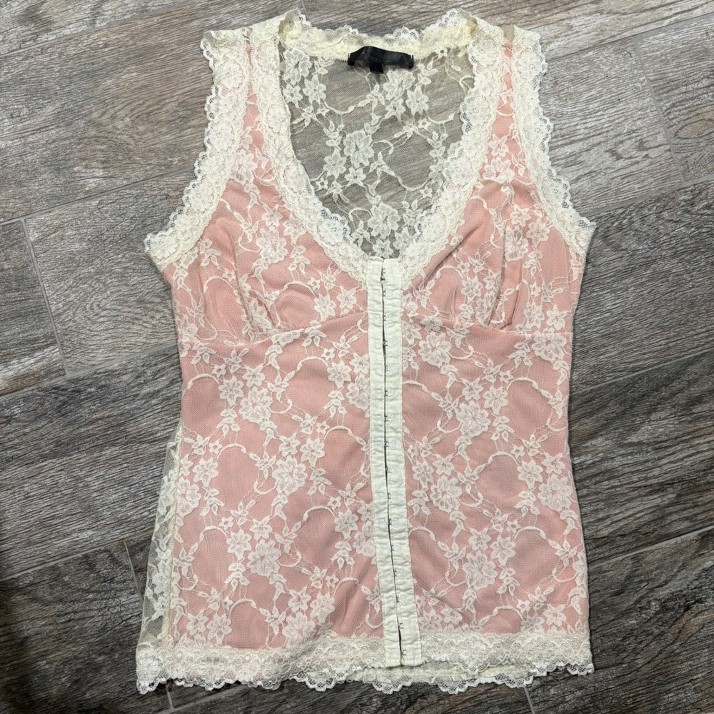 Vtg Y2K Pink Cream Floral Lace Hook Eye Sleeveless Tank Top coquette Sz L fairy